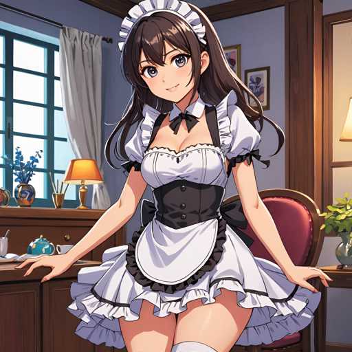 A woman dressed as a maid stands in front of a window with curtains and a lamp on the table next to her.