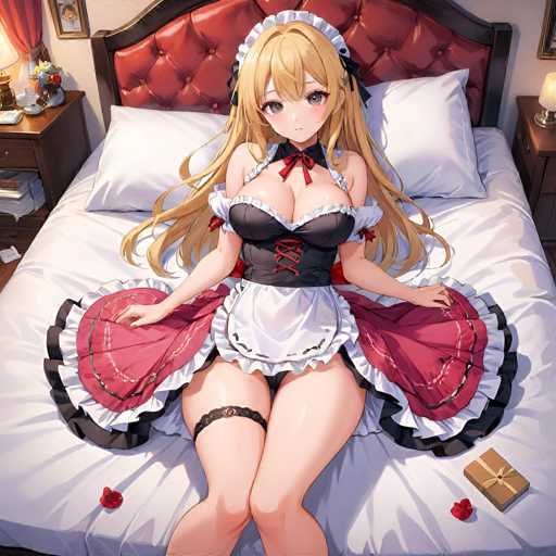 In this captivating image, a young woman with long blonde hair cascading down to her waist is depicted in a striking anime style. She is dressed in a revealing maid outfit that accentuates her large breasts and long, slender legs. The outfit features a black corset with red laces, a white apron, and a red skirt adorned with black and white frills. A black garter belt is visible on her right leg, adding to the provocative nature of her attire. The woman is seated on a bed with a red headboard, surrounded by white pillows and a white bedspread. Scattered around her are three red roses and a small, wrapped present, enhancing the romantic atmosphere. The room is softly illuminated by a lit candle on a nightstand, and a vase of flowers adds a touch of elegance to the scene. The overall composition exudes a sense of allure and mystery, drawing the viewer into the enchanting world of anime art.