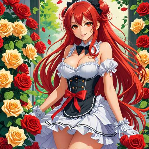 This image features an anime-style illustration of a young woman with long, flowing red hair. She is dressed in a maid outfit, complete with a white dress adorned with black accents and a black corset. The corset is fastened with gold buttons and features a red bow at the front. Her attire includes white gloves and a black bow tie at the neckline. The character has striking orange eyes and is depicted holding a red rose in her right hand. Surrounding her are vibrant yellow and red roses, adding a touch of color to the scene. The background is a serene blend of green and white hues, providing a soft contrast to the vivid colors of the character and the roses.