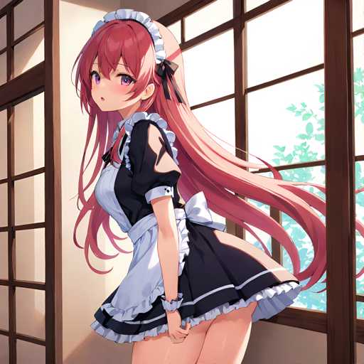 A young woman with long red hair wearing a maid's uniform and a blue and white striped apron stands in front of a window, looking directly at the camera.