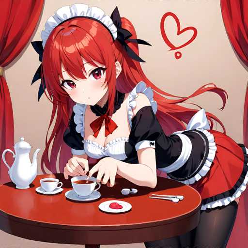 This detailed illustration features a young woman with long, flowing red hair adorned with black ribbons. She is dressed in a classic maid outfit, complete with a white cap, a black and white dress, and a red bow tie. The scene is set in a cozy room with red curtains framing the background. In front of her, a small red table holds a white teapot, two teacups, a saucer with a heart-shaped red object, and a spoon. The woman is leaning over the table, her hands resting on its surface, as she gazes directly at the viewer with a serene expression.
