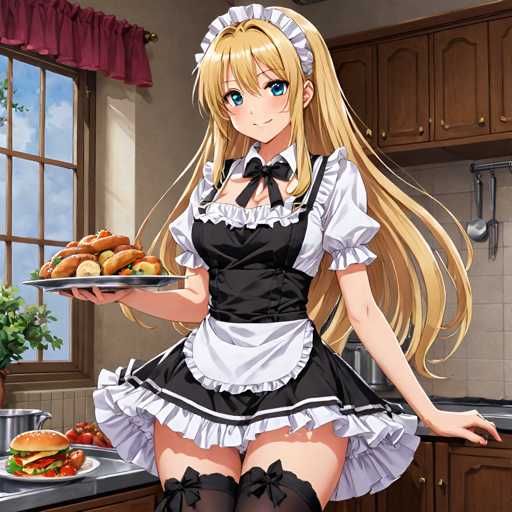 A woman with blonde hair and blue eyes is standing in a kitchen wearing a black and white maid's uniform. She is holding a plate of food on her left hand. The background shows a window overlooking the outdoors and a plant near the window.