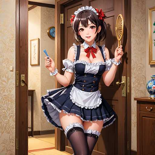 This detailed illustration depicts a young woman dressed in a revealing maid outfit, standing in the doorway of a room. She is wearing a short, dark blue dress with white frills and lace accents, which includes a white collar and a red bow tie. The dress is form-fitting, emphasizing her large breasts and long legs, and features a corset-like front with gold buttons. Her attire also includes thigh-high stockings with lace tops and garters.

The maid has shoulder-length brown hair adorned with red flowers and a white cap. In her right hand, she holds a blue feather duster, while her left hand grasps a gold handheld mirror. The room behind her has beige wallpaper with a floral pattern and a brown wooden door with gold handles. To her right, there is a wooden cabinet with a blue vase and a gold handle, and a gold-framed picture partially visible on the wall. On her left, a small table with a clock and another framed picture can be seen. The floor is beige with a red stripe, and the overall scene is rich with intricate details, giving it a realistic yet stylized appearance.