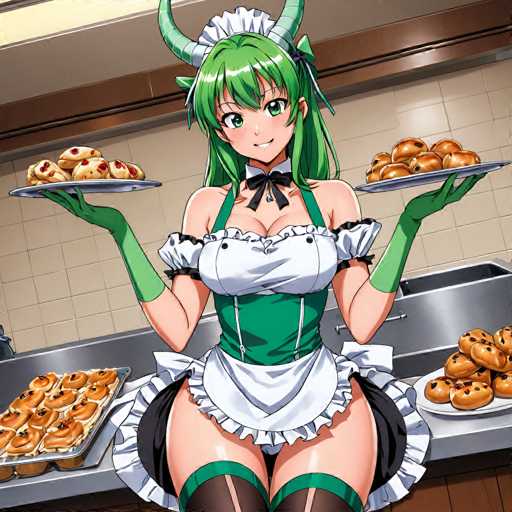 In this vibrant and detailed illustration, a young woman with striking green hair and matching green eyes stands confidently in a kitchen setting. She is dressed in a distinctive maid outfit that features a white apron over a green dress, complemented by green gloves and thigh-high stockings. Her ensemble is accentuated by a black bow tie at her neck and a white chef's hat perched atop her head. Adding a whimsical touch, she sports two green horns that curve upwards from her head.

The woman is holding two silver trays, each laden with an assortment of pastries. The tray in her left hand contains a variety of brown pastries, while the tray in her right hand holds smaller, round pastries with red fillings. Behind her, a large silver tray brimming with more brown pastries is visible, along with a large silver pot situated to her right. The background reveals a kitchen with white tiled walls and a brown ceiling, adding to the cozy and bustling atmosphere of the scene.