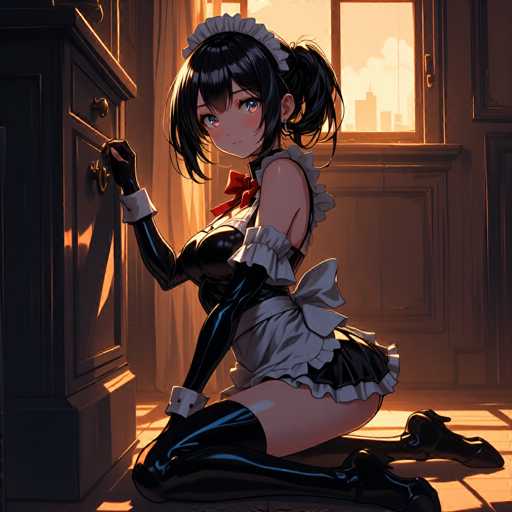 The image depicts a detailed anime-style illustration of a young woman dressed in a maid outfit. She is kneeling on the floor, with her right hand resting on a dark brown dresser. The woman has long black hair styled with bangs and two pigtails, and she is wearing a white maid's hat. Her attire includes a black corset with white frills, a white skirt with a large bow at the back, and black gloves with white cuffs. She also has on black thigh-high stockings and black high-heeled shoes, which are placed beside her on the floor. The setting appears to be a bedroom, with a window in the background revealing a cityscape with tall buildings and clouds. The room is illuminated by sunlight streaming through the window, casting a warm glow on the wooden floor.