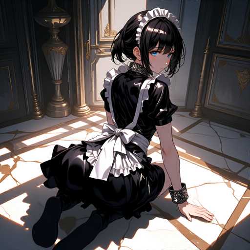 In this captivating image, a young woman is depicted in a kneeling position, adorned in a striking black dress with a white collar. The dress features a white apron-like front, secured with a white bow at the back, and is complemented by black stockings. Her ensemble is accentuated by a black bracelet on her left wrist, which is adorned with white stones, and a matching black and white headband. The woman's long, dark hair cascades down, framing her face, which is highlighted by her large, expressive blue eyes. She gazes over her right shoulder, adding a sense of intrigue to her pose. The setting is a room with a white floor, intricately designed with brown lines forming square patterns. In the background, a white door with gold handles stands out, adding a touch of elegance to the scene.