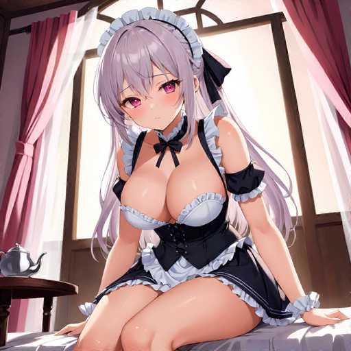 The image depicts a detailed anime-style drawing of a woman with long, light purple hair cascading down her back. She is seated on a bed, wearing a revealing maid outfit that accentuates her large chest. The outfit features a black corset with white frills, a short skirt with white frills, and a white bra with black frills. Her ensemble is completed with a black bow tie around her neck and a black ribbon tied at the back of her head. The woman has striking pink eyes and a small, delicate mouth. She is positioned with her hands on the bed, gazing directly at the viewer.

The background showcases a large window framed in brown, with pink curtains drawn open to reveal a bright, white sky outside. To the left of the window, there is a small brown table holding a silver teapot. The bed she sits on is covered with a white blanket, adding to the cozy yet elegant atmosphere of the scene.
