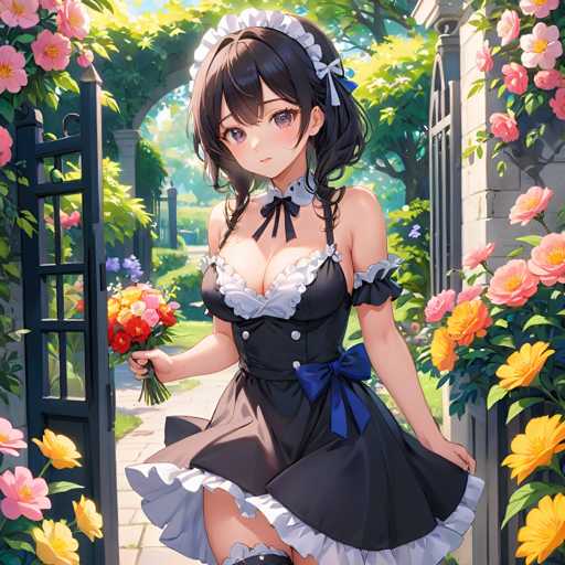 A woman with black hair and a white apron is walking down a path lined with pink flowers. She is holding a bouquet of red and yellow flowers.