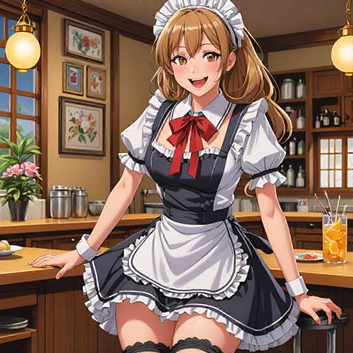 A cute anime girl in a maid outfit is leaning on a kitchen counter, smiling at the viewer. She has long, wavy brown hair, large expressive eyes with a warm smile, and is wearing a white maid uniform with a black apron. She's also wearing a white frilly cap and has a red bow tied around her neck. The kitchen is cozy, with wooden countertops, shelves stocked with kitchenware, and a window showing a bright outdoor scene. The overall style is vibrant and cheerful, typical of anime art.