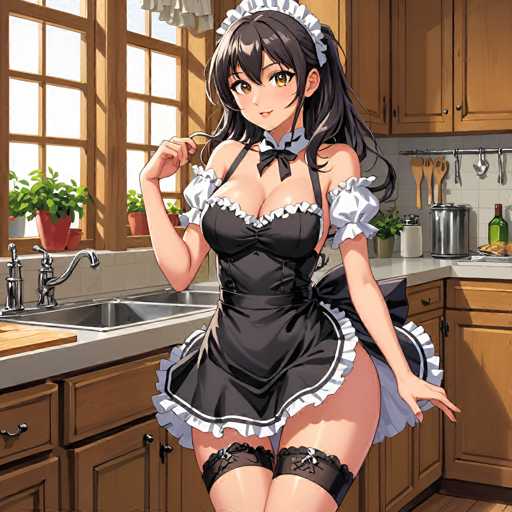 In this detailed anime-style illustration, a young woman stands in a kitchen, exuding a blend of domesticity and sensuality. She is dressed in a black maid outfit adorned with white frills, featuring a short skirt that reveals her legs. Her attire includes thigh-high stockings with lace tops, each decorated with a small white bow. The maid's outfit is complemented by a white collar and a black bow tie at the neckline. Her long black hair cascades down, framing her large, expressive eyes that are a striking yellowish-brown. She gazes directly at the viewer with a slight smile, her mouth slightly open, adding to her captivating presence.

The kitchen setting around her is meticulously detailed. Behind her, a white countertop stretches across the scene, with a double sink positioned to her left. The countertop is adorned with various kitchen items, including a cutting board, a bottle of oil, and a tray of food. Wooden cabinets line the back wall, adding warmth to the scene. To the left, a large window with wooden frames allows natural light to flood the room, with potted plants perched on the windowsill, enhancing the cozy atmosphere.