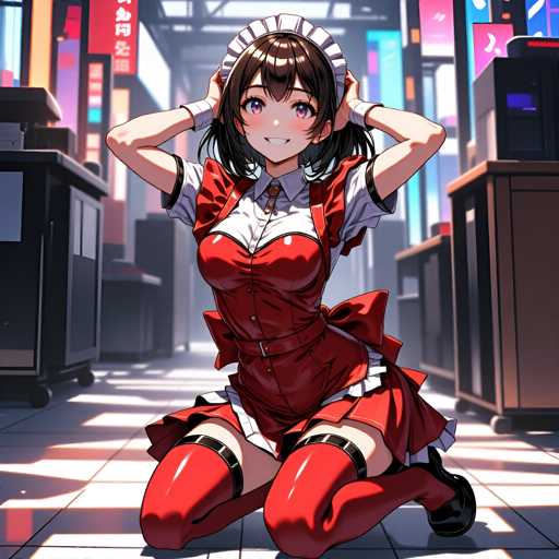 A woman dressed as a maid is kneeling on her knees with her hands raised above her head and wearing red boots and a white dress with a bow around her neck. The setting appears to be an indoor space with a tiled floor and various objects scattered throughout the room, including a vending machine in the background.