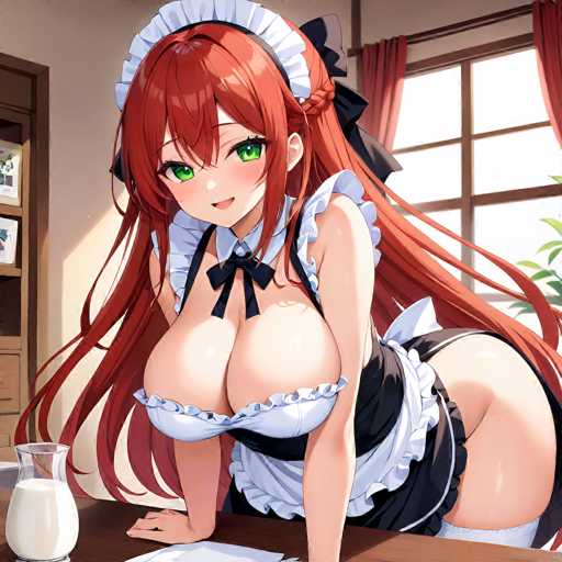 In this captivating image, a striking anime-style woman with long, flowing red hair and vibrant green eyes is depicted. She is dressed in a classic maid outfit, complete with a white collar and a black bow tie. The ensemble features a white top with black straps and a black skirt adorned with white frills. Her pose is both alluring and playful, with her hands resting on a brown table. To her left, a glass jar filled with white liquid, presumably milk, adds to the domestic scene. The background reveals a cozy room with a window draped in red curtains, allowing natural light to filter in. A brown cabinet stands to the left, and a lush green plant is positioned to the right, enhancing the warm and inviting atmosphere of the setting.