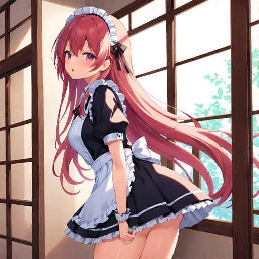 The image depicts a detailed drawing of a young woman with long, flowing pink hair that cascades down to her waist. She is dressed in a traditional black maid's outfit, complete with a white apron and a white headband adorned with a black bow. Her attire features a white collar and white cuffs, adding to the classic maid aesthetic. The woman is positioned in front of a large window, through which sunlight streams, illuminating her face and the room. Her head is turned to the left, and she gazes directly at the viewer with a serene expression. The background reveals a glimpse of greenery outside the window, adding a touch of nature to the scene. The overall composition captures a moment of quiet elegance and timeless charm.
