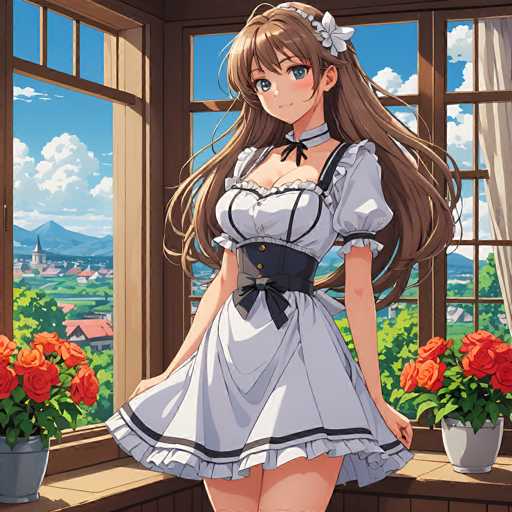 A young anime girl in a frilly white maid outfit stands near a window, gazing out at a picturesque townscape. The girl has long, flowing brown hair with a white flower in it and large, expressive blue eyes. She's wearing a black lace-trimmed apron and has a black bow at her waist. The window frames are dark brown, and the background shows a vibrant view of houses, rolling hills, and a distant mountain range under a bright blue sky with fluffy white clouds. The overall style is detailed and colorful, reminiscent of a digital painting or illustration.