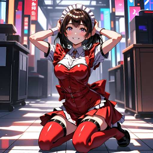This detailed illustration depicts a young anime girl, likely in her late teens or early twenties, with a distinctly stylized appearance. She has short, dark brown hair that falls just below her ears, with bangs framing her face. Her large, expressive eyes are a captivating blend of purple and blue, and her small nose and bright smile add to her youthful charm. She is dressed in a striking red dress that features a white collar and white short sleeves, complemented by a white apron-like overlay. The dress is form-fitting, accentuating her figure, and includes a red bow at the back. She pairs this outfit with red stockings that have black bands around her thighs and black shoes. Her hands are positioned behind her head, and she is kneeling on a white tiled floor. The background suggests she is in a bustling city street, with various buildings and neon signs, including a prominent red sign with white Chinese characters. The scene is illuminated by sunlight, casting reflections on the floor and adding a vibrant, lively atmosphere to the setting.