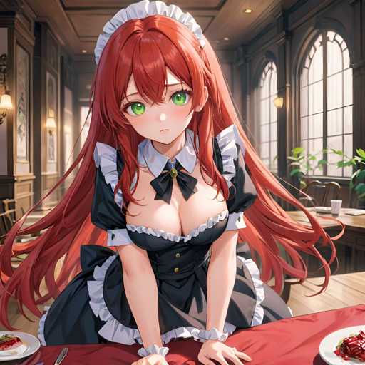 A red-haired woman with green eyes is seated at a table in a restaurant, wearing a maid's uniform and holding a plate of food.