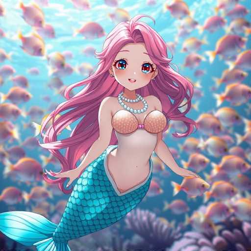 This image features an anime-style mermaid with long, flowing pink hair and striking blue eyes. She is adorned with a pearl necklace and a pink seashell bikini top. Her mermaid tail is a vibrant blue, complementing the overall aquatic theme. The mermaid is depicted swimming gracefully in the ocean, surrounded by a school of fish that share her pink and blue color palette. The background is filled with various shades of blue, enhancing the underwater atmosphere. The mermaid's expression is one of joy, with a wide smile and her arms outstretched, as if she's exuberantly enjoying her surroundings. The scene is rich in detail, with the mermaid's scales and the fish scales meticulously drawn, adding to the overall charm and whimsy of the image.