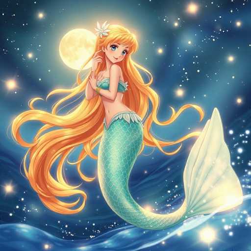 This detailed illustration features a mermaid with long, flowing blonde hair adorned with a white flower. She has striking blue eyes and is dressed in a green bikini top and a green tail that transitions into a white fin at the end. The mermaid is positioned with her body facing left, while her head is turned towards the viewer, creating a captivating pose. Her right hand is raised to her face, and her left hand rests on her waist. She wears a green bracelet on her right wrist. The background is a mesmerizing night sky filled with stars and a prominent full moon, casting a serene glow over the scene. The mermaid appears to be standing on a small wave, adding a dynamic element to the composition.