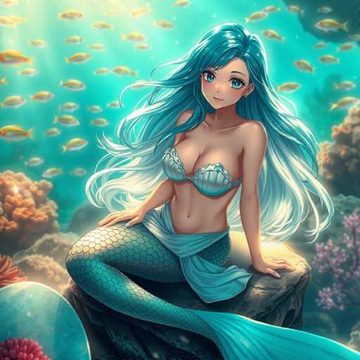 This detailed illustration depicts a mermaid with long, flowing blue hair and large, expressive blue eyes. She is adorned in a seashell bra and has a blue tail that transitions into a scaly pattern. The mermaid is seated on a rock, her hands resting on either side of her. Surrounding her are vibrant orange and pink corals, adding a splash of color to the underwater scene. The background is filled with numerous yellow fish, swimming in various directions, creating a lively and dynamic atmosphere. The mermaid's face is turned towards the viewer, with a serene and contemplative expression.