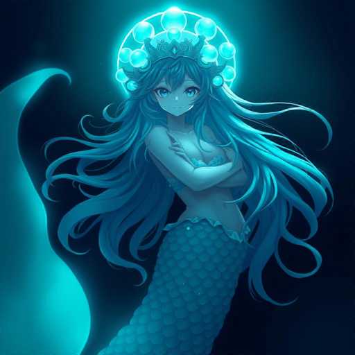 This image features a detailed drawing of a mermaid set against a dark blue background. The mermaid is depicted with long, flowing blue hair that cascades down to her waist, and her large, expressive blue eyes are a focal point of her face. She wears a delicate crown adorned with small blue balls, adding a touch of regality to her appearance. Her upper body is covered by a light blue bikini top, while her lower body transitions into a mermaid tail that is intricately detailed with blue scales. The mermaid's arms are crossed over her chest, and she gazes directly at the viewer with a serene expression. To the left of the mermaid, a crescent moon is visible, its light blue color and curved shape adding a mystical element to the scene. The overall composition is dominated by shades of blue, creating a cohesive and enchanting underwater atmosphere.