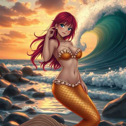This detailed illustration depicts a mermaid standing on a rocky shoreline, facing the viewer. She has long, flowing red hair and large blue eyes, with a small, delicate mouth. Her attire includes an orange bra adorned with seashells and a matching skirt, also decorated with seashells. Her lower body transitions into a golden fish tail, complete with scales. The mermaid's right hand is raised to her ear, while her left hand rests on her hip. Behind her, a massive wave looms, its crest high and white, with the sun visible through the center. The sky is a blend of orange and blue hues, with clouds scattered across it. The water around her is a deep blue, and the rocks beneath her feet are gray. The overall scene captures a serene yet dynamic moment, with the mermaid's poised stance contrasting against the powerful wave behind her.