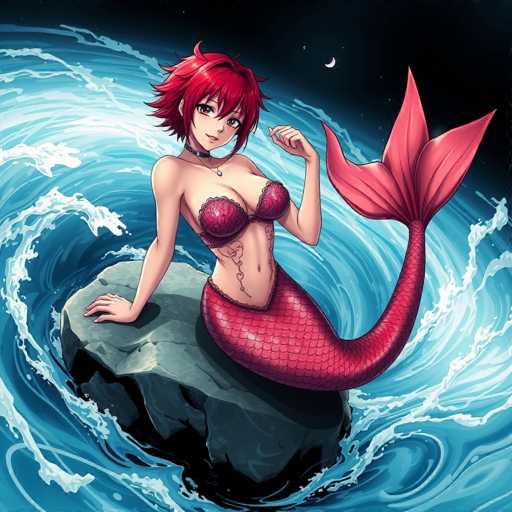 The image depicts a striking mermaid with vibrant red hair, seated gracefully on a large, gray rock. She is adorned in a red bra and has a distinctive tattoo on her stomach. Her mermaid tail, which is also red, features a pattern of scales and culminates in a three-pointed fin. The mermaid's right hand rests on the rock, while her left hand is raised in front of her chest. She wears a choker necklace with a pendant that dangles elegantly. Surrounding her is a dynamic swirl of water, creating a sense of motion and depth. The night sky above is a deep black, dotted with stars and a crescent moon, adding a mystical atmosphere to the scene.
