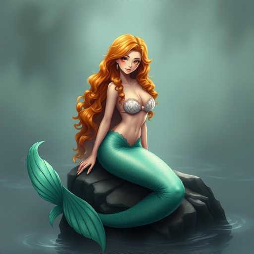 This image features a detailed, computer-generated illustration of a mermaid with long, wavy, reddish-orange hair cascading down her back. She has large, expressive brown eyes and a small, delicate face adorned with rosy cheeks and a tiny nose. The mermaid is dressed in a white, seashell-like bra that accentuates her curvaceous figure, and her midriff is exposed. Her lower body transitions into a teal green mermaid tail, which is elegantly curved and detailed with darker green lines. She is seated on a jagged, dark gray rock that emerges from the water, with her right hand resting on the rock and her left hand positioned behind her. The water around her is a dark grayish-blue, with ripples radiating outward from the rock, adding a dynamic element to the scene. The background is a misty blend of light and dark gray, enhancing the ethereal and dreamy atmosphere of the image.
