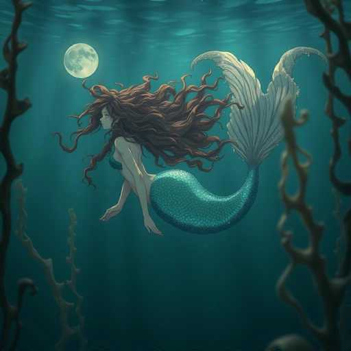 The image depicts a detailed, computer-generated illustration of a mermaid swimming underwater at night. The mermaid, with long, flowing brown hair that appears to be moving in the water, is facing left. She has a greenish-blue tail with white, feather-like fins at the end. Her upper body is bare except for a greenish-blue bikini top. The water around her is a deep blue, illuminated by moonlight that creates a shimmering effect. The moon is visible in the top left corner of the image, casting its glow through the water. Surrounding the mermaid are various underwater plants, including seaweed and kelp, which frame the scene on both the left and right sides. The overall atmosphere is serene and mystical, with the mermaid appearing to glide gracefully through the moonlit water.