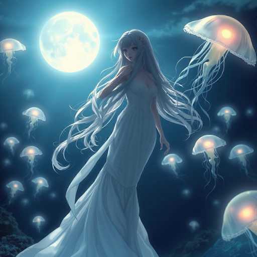 In this captivating image, a woman with long, flowing white hair stands gracefully, adorned in a stunning white dress. The dress features a low-cut neckline and a long, flowing skirt that extends to the bottom of the image. Her right arm is elegantly raised to her neck, while her left arm hangs straight down by her side. The woman's hair cascades down her back, with some strands floating upwards, adding a whimsical touch to the scene.

The background is a mesmerizing blend of dark blue and light blue hues, creating a serene underwater ambiance. A large, luminous moon dominates the upper left corner, casting a gentle glow over the scene. Surrounding the moon, numerous jellyfish float ethereally, their translucent bodies glowing with a soft yellow light from within. These jellyfish are scattered throughout the image, with some positioned in the upper right corner, others in the lower right corner, and several more on the left side, adding to the enchanting underwater atmosphere.