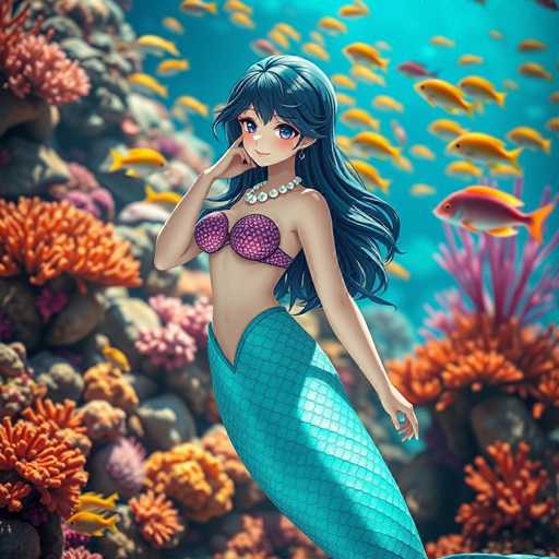 A mermaid with long dark hair and a pearl necklace stands in the center of an underwater coral reef filled with orange and pink corals. The background is a deep blue color, creating a contrast that highlights the mermaid's presence.