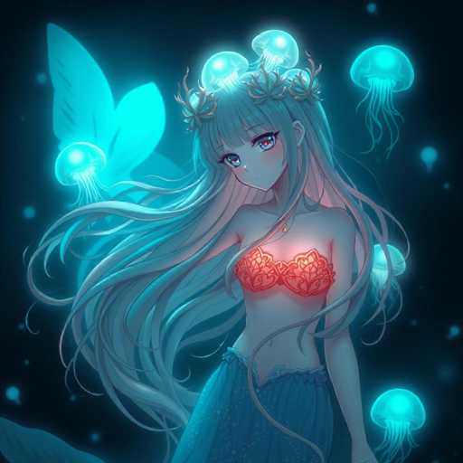 This captivating image features a striking anime-style female character set against a dark, almost black background. The character is adorned with an intricate crown made of flowers, each bloom crowned with glowing jellyfish that emit a mesmerizing blue light. Her long, flowing hair cascades down, blending shades of blue and pink, adding to her ethereal appearance. She wears a red bra that appears to glow from within, complementing her blue skirt. Surrounding her are several jellyfish, floating gracefully in the background, enhancing the mystical and otherworldly atmosphere of the scene.