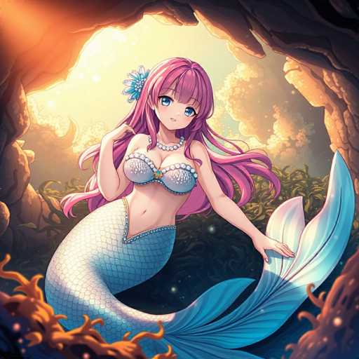 This detailed digital illustration depicts a young mermaid with long, flowing pink hair adorned with a blue flower on the left side. She has large, expressive blue eyes and is wearing a silver bra decorated with pearls and a central blue gem. Around her neck, she has a pearl necklace, and her silver fish scales shimmer with a hint of blue. The mermaid's tail is a gradient of light blue, dark blue, and white, with two large fins at the end. She is positioned inside a rocky cave, with her left hand resting on one of the fins and her right hand near her neck. The cave's rocky walls frame the scene, and the background features a mix of green plants and bubbles, suggesting an underwater setting. The sky above is a blend of yellow and blue hues, adding to the ethereal atmosphere of the illustration.
