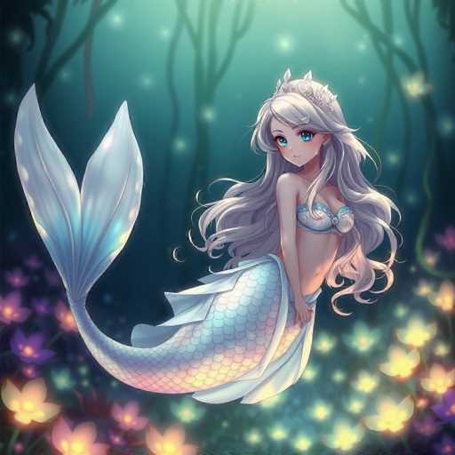 The image depicts a detailed, computer-generated anime-style mermaid with long, flowing white hair adorned with a crown. She has striking blue eyes and is wearing a bra-like top made of fish scales, which is light blue with darker blue accents. Her mermaid tail is a blend of light blue, white, and pink, with a shimmering, scaly texture. The mermaid is positioned in the center of the image, facing slightly to the right, with her tail extending to the left. She appears to be holding a piece of cloth draped over her lower body. The background features a dark, greenish-blue forest with tall, thin trees and glowing yellow and purple flowers, creating a mystical, underwater ambiance. The overall scene is vibrant and colorful, with the mermaid's ethereal presence contrasting against the shadowy forest backdrop.