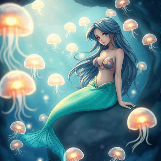This vibrant, cartoon-style illustration features a mermaid with long, flowing blue hair and large, expressive blue eyes. She is adorned with gold hoop earrings and a shimmering blue seashell bikini top. Her mermaid tail is a gradient of light to dark blue, with a darker blue fin at the bottom. The mermaid is seated on a large, gray rock, her left arm resting on it, showcasing her long, blue fingernails. Surrounding her are numerous glowing jellyfish, their translucent bodies illuminated from within by a soft yellow light, with long, white tentacles trailing beneath them. The scene is set against a backdrop of a light blue ocean, with the rocky ledge extending into the water on both sides. The mermaid gazes directly at the viewer, creating a captivating and enchanting underwater tableau.