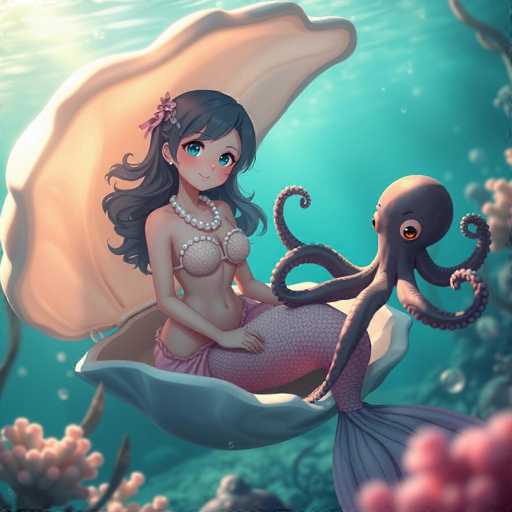 This detailed digital illustration features an enchanting underwater scene with a mermaid and an octopus. The mermaid, with her long, flowing black hair adorned with a pink ribbon, has striking blue eyes and is dressed in a pink bikini top and skirt. She is seated gracefully inside a large, open clamshell. Her tail is a mesmerizing blend of pink and blue hues. Beside her, an octopus with a brownish-pink body and a single, prominent orange eye gazes at her. The octopus's tentacles are curled and extend outward, adding to the dynamic composition. The background is a serene underwater landscape, with sunlight filtering through the water, casting a gentle glow on the scene. The bottom of the image is adorned with pink coral and other aquatic plants, enhancing the overall magical and tranquil atmosphere.