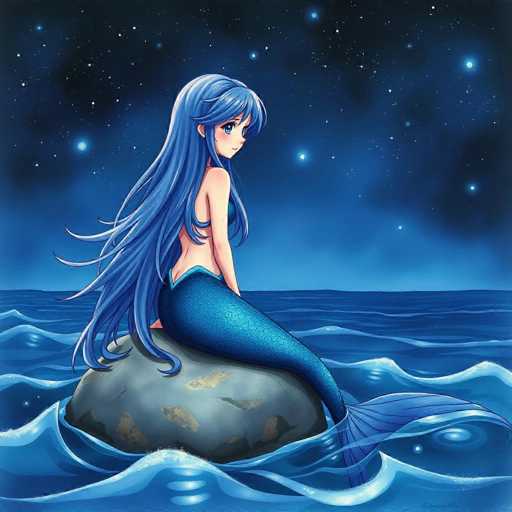 This detailed illustration depicts a mermaid with long, flowing blue hair and large, expressive blue eyes. She is seated on a large, gray rock that emerges from the ocean, her back facing the viewer while she glances over her shoulder with a serene expression. The mermaid's upper body is bare, adorned only by a blue bra, and her lower body transitions into a shimmering blue tail that extends into the water. The scene is set against a dark, starry night sky, with numerous stars twinkling above her. The ocean around her is a deep blue, with gentle waves lapping at the rock. The overall atmosphere of the image is calm and tranquil, capturing the essence of a night by the sea.