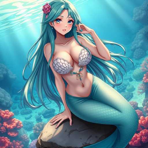 This captivating image features a stunning mermaid with long, flowing blue hair adorned with a delicate pink rose. Her large, expressive blue eyes and tiny nose give her an enchanting appearance. She is dressed in a white seashell bra that accentuates her curvy figure, and her blue mermaid tail is intricately detailed with a blue ribbon tied around her waist. The ribbon has a small charm hanging from it, adding a touch of whimsy. Her nails are painted blue, complementing her overall look. The mermaid is seated gracefully on a large rock, surrounded by a vibrant underwater scene. The background is filled with colorful coral in shades of pink, orange, and purple, along with various sea plants and rocks, creating a serene and magical underwater world.