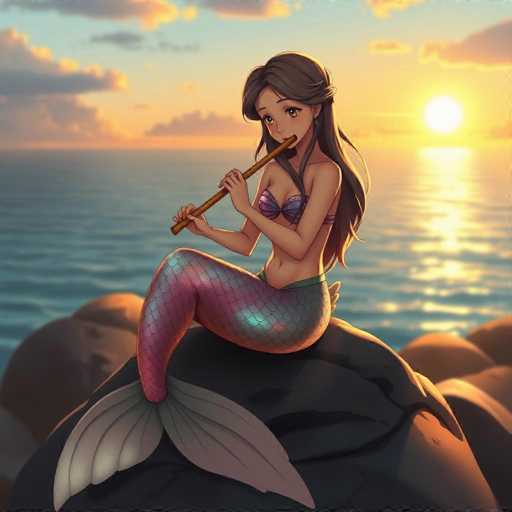 This detailed illustration depicts a mermaid perched on a large, dark gray rock at the edge of a serene body of water. The mermaid, with long brown hair cascading down her back, is playing a flute-like instrument. She is adorned in a purple bikini top and green bottoms, with her mermaid tail shimmering in shades of pink and purple. The scene is set during a tranquil sunset, with the sun positioned on the right side of the image, casting a warm glow over the water. The sky is a blend of blue and yellow hues, with scattered clouds adding to the picturesque setting. The water reflects the sun's light, creating a golden path that stretches across the surface. Surrounding the main rock are smaller rocks, enhancing the natural and peaceful ambiance of the scene.