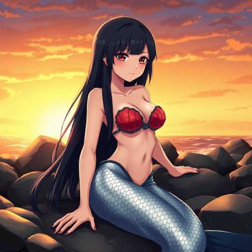 The image depicts a mermaid with long, flowing black hair and striking red eyes. She is adorned with a red seashell bra that accentuates her curvaceous figure. Her lower body is covered in shimmering silver scales, and she has a distinctly human-like face. The mermaid is seated on a collection of large, dark gray rocks that are scattered across the foreground. Behind her, the vast ocean stretches out, its waters reflecting the warm hues of the setting sun. The sky is a mesmerizing blend of orange and yellow, with clouds tinged in shades of purple and orange, adding depth to the scene. The mermaid's nails are painted a vibrant red, adding a touch of elegance to her overall appearance.