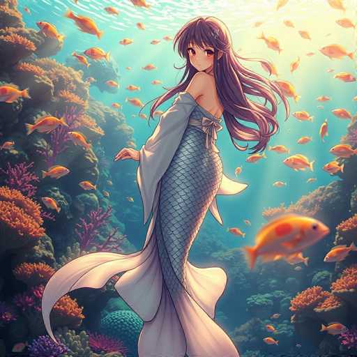 A young girl with long purple hair is standing on a coral reef surrounded by fish and plants. She is wearing a white dress that has a silver mermaid tail attached to it. The background of the image shows an underwater scene filled with various types of fish and corals.