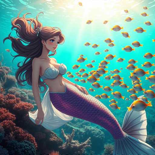 This detailed digital illustration depicts a serene underwater scene featuring a mermaid. The mermaid, with long brown hair adorned with a barrette, is gracefully floating on her side, her head turned to the right. She has striking blue eyes and wears a seashell bra. Her body is covered in purple scales, and she has a flowing white tail that fans out behind her. A white cloth or dress drapes elegantly from her waist down to her tail. Surrounding her are numerous small, golden fish, adding a vibrant touch to the scene. The background showcases a rich underwater environment with coral in shades of red, orange, and brown, as well as patches of green algae. Sunlight filters through the water from the top right corner, casting a warm glow over the entire scene.