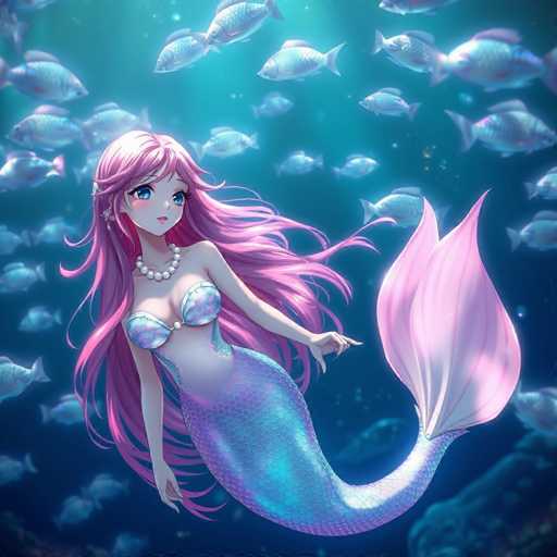 The image depicts a detailed, computer-generated illustration of a mermaid set against a dark blue ocean background. The mermaid, positioned centrally, has long, flowing pink hair adorned with a flower and a pearl necklace. Her large blue eyes and small pink lips give her a serene expression as she gazes slightly to the right. She is wearing a blue and purple seashell bra, with her upper body exposed. Her mermaid tail is a gradient of blue and purple, ending in a light pink, almost flower-like fin. The mermaid's arms are extended outwards, and her body is oriented towards the left side of the image. Surrounding her are numerous light blue fish, swimming in various directions, adding to the underwater ambiance. The scene is illuminated by light filtering down from the top, creating a gradient effect that brightens the upper part of the image while the lower part remains darker. The overall style is reminiscent of a comic book or graphic novel, with a focus on the mermaid as the central, captivating figure.