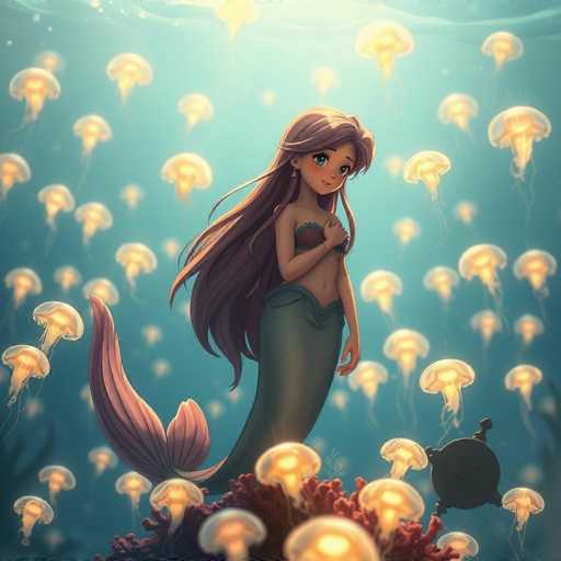 This vibrant, computer-generated illustration features Ariel from The Little Mermaid, depicted in a style reminiscent of modern anime. Ariel, with her long, flowing purple hair and large, expressive blue eyes, stands gracefully in the center of the image. She is adorned in a maroon bra top and a green mermaid tail, her right hand gently touching her chest while her left arm hangs by her side. The scene is set underwater, where she appears to be standing on a bed of red coral. Surrounding her are numerous glowing yellow jellyfish, their translucent bodies illuminated from within, creating a magical ambiance. The background is a serene blue, with sunlight filtering down from the surface, adding a touch of warmth to the scene. In the bottom right corner, a small, round object with a handle is visible, though its purpose is unclear. The overall composition is rich in detail and color, capturing the enchanting underwater world of The Little Mermaid.