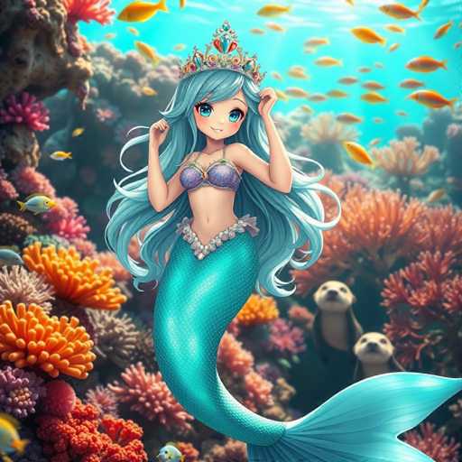 This vibrant, AI-generated image features a whimsical mermaid with long, flowing blue hair and striking blue eyes. She is adorned with a regal crown that sits atop her head, adding to her ethereal appearance. Her upper body is clad in a purple bra, while her lower half transitions into a shimmering blue tail. The mermaid is depicted with her hands raised, as if she is dancing joyfully in the water. Surrounding her are numerous orange fish, adding a splash of color to the scene. In the background, two playful otters swim near the bottom right corner, enhancing the lively underwater atmosphere. The backdrop is a rich tapestry of various types of coral, showcasing a spectrum of colors including orange, pink, red, and purple. The entire scene is bathed in the soft, shimmering light of the ocean, creating a magical and enchanting underwater world.