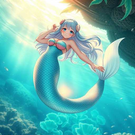 This image features a detailed, computer-generated illustration of a mermaid set against a vibrant underwater backdrop. The mermaid, with long, flowing blue hair adorned with seashells, has striking blue eyes and a serene expression. She is wearing a blue and pink bikini top that complements her blue, scaly tail, which transitions to a white tip. Her right hand is raised to her ear, while her left hand points downward. The underwater scene is rich with blue hues, illuminated by sunlight streaming from the top left corner. Surrounding her are various elements of the ocean floor, including coral, rocks, and seashells. In the top right corner, there is a large, indistinct structure that appears to be a shipwreck, adding an element of mystery to the scene. The overall composition is bright and clear, with no text or additional objects present.