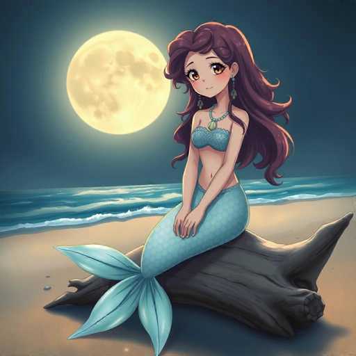 This detailed illustration depicts a mermaid sitting on a large, dark gray log that rests on a sandy beach. The mermaid, with long, flowing brown hair, is adorned with a blue necklace featuring a green pendant and matching blue earrings. She wears a blue bikini top and a blue bikini bottom, and her tail is a light blue color with four leaf-like extensions. The mermaid's hands are positioned in front of her, and she gazes directly at the viewer with large, expressive brown eyes. The scene is set at night, with a full moon casting a soft glow over the ocean waves that gently lap at the shore. The sky is a deep blue, enhancing the serene and mystical atmosphere of the illustration.