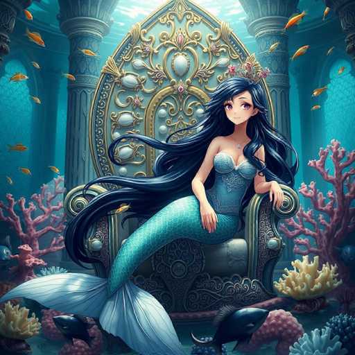 The image depicts a detailed, computer-generated scene of a mermaid sitting regally on a large, ornate throne underwater. The mermaid, with long, flowing black hair adorned with a crown of flowers, is dressed in a strapless blue bodice that transitions into a tail with a light blue and white pattern. She is positioned on the right side of the throne, which is intricately designed with gold accents and white jewels, and features a high backrest. The throne rests on a sandy ocean floor surrounded by pink and yellow coral, with various fish swimming around her. The background reveals a grand underwater palace with tall, arched windows and columns, adding to the majestic ambiance of the scene.