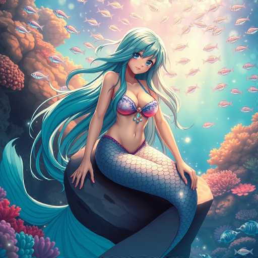 This image is a detailed, computer-generated illustration of a mermaid in an underwater setting. The mermaid, who has long, flowing blue hair and large blue eyes, is depicted with a serene expression as she sits on a black rock. She is wearing a purple and pink bikini top, and her fish tail is a darker shade of blue. Her nails are painted pink, adding a touch of elegance to her appearance. The background features a vibrant underwater scene with various shades of blue, pink, and purple, including colorful coral formations and numerous small fish swimming around her. The overall composition is bright and clear, with the mermaid positioned centrally in the image, making her the focal point of this captivating underwater artwork.