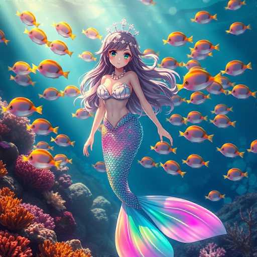 This vibrant, square-shaped illustration features a mermaid at its center, set against a backdrop of a clear blue ocean. The mermaid, with her long, flowing purple hair and large, expressive blue eyes, gazes directly at the viewer. She wears a delicate white crown adorned with flowers and a matching white pearl necklace. Her upper body is clad in a bra made of seashells, while her lower body transitions into a shimmering mermaid tail that blends hues of pink, purple, and blue. The tail fans out into two distinct fins at the bottom. Surrounding her are numerous small, orange fish with white bellies, swimming in various directions. The ocean floor is richly detailed with an array of colorful corals in shades of orange, pink, purple, and white, adding to the underwater ambiance.