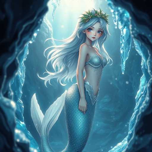 The image depicts a detailed, computer-generated illustration of a mermaid set in an underwater cave. The mermaid, who has long, flowing white hair and striking blue eyes, is adorned with a green leaf crown. She is dressed in a silver bra and a matching tail that transitions from silver to blue, with the scales becoming more pronounced towards the bottom. Her face is accentuated with red blush on her cheeks. The mermaid stands in a side profile, gazing directly at the viewer, with her tail gracefully extending behind her. The cave around her is illuminated by light filtering through the water, creating a serene and ethereal atmosphere. Icicles and jagged rocks frame the scene, adding to the mystical underwater environment.